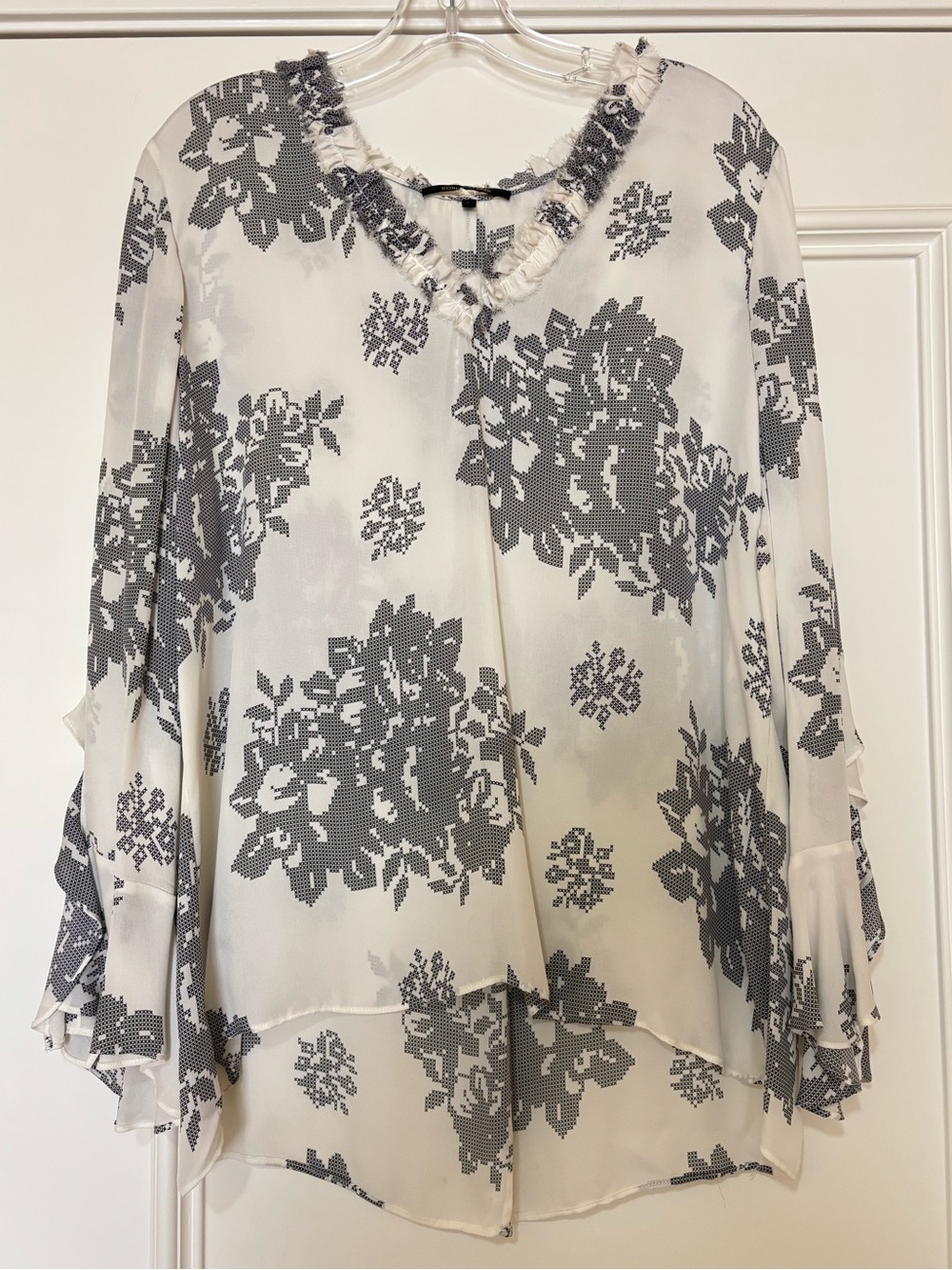 Kobi Halperin Ruffle Fringe V-Neck Chiffon Blouse - White & Gray